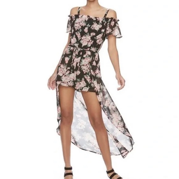 Floral Romper with Sheer Overlay | L | Off-Shoulder, Detachable Straps, High-Low - Picture 4 of 13